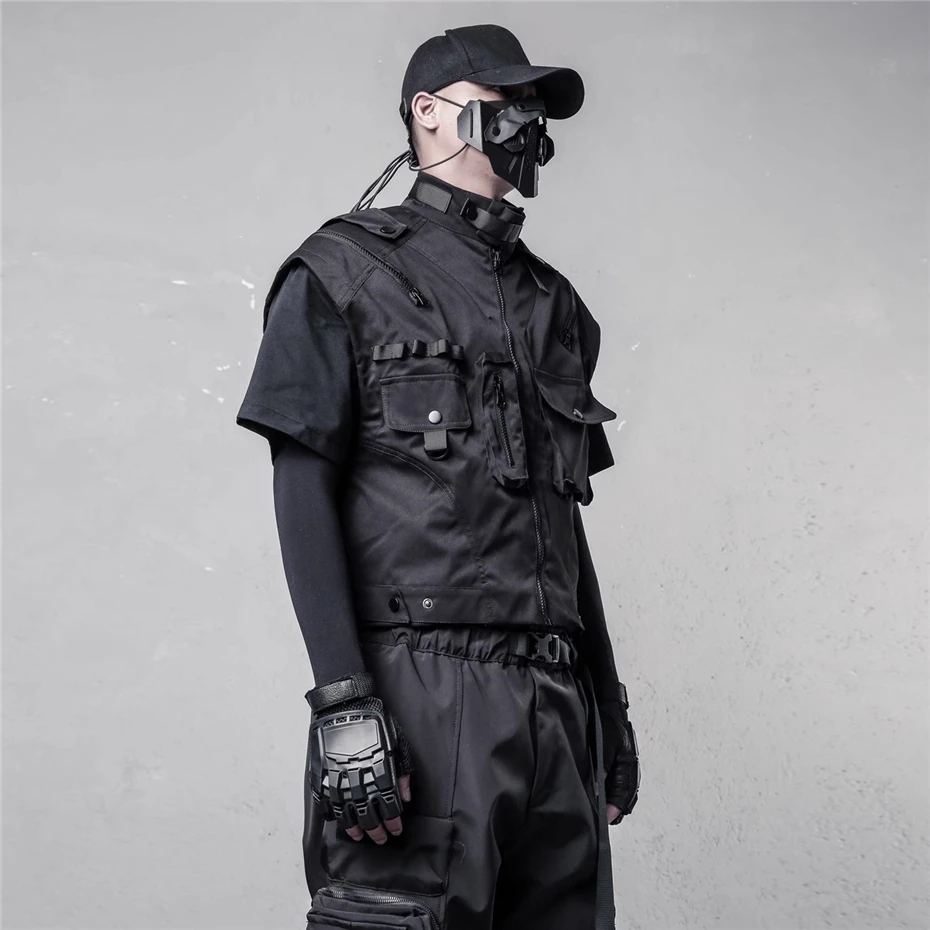 

Summer Thin Vests Mens Streetwear Punk Short Vest Vintage Function Pockets Cargo Sleeveless Jacket Coats New Casual Waistcoat
