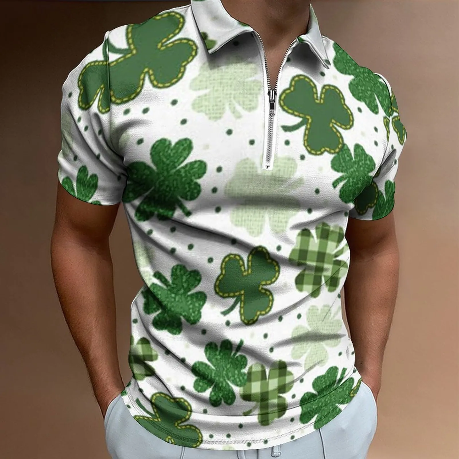 Men's T-shirt St-Patrick-Day Polo-shirt zipper lapel Green Irish-National-Day Clover Graphic Tops tee-shirt Short-Sleeve Chemise