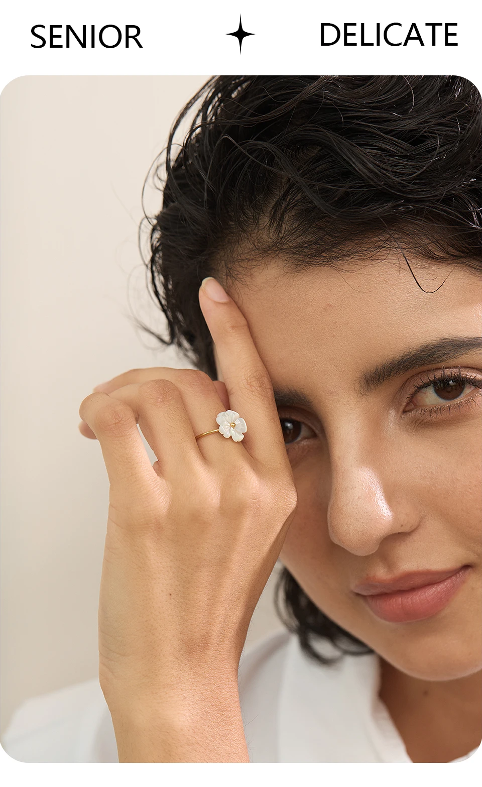 Yhpup Modischer, verstellbarer offener Ring mit natürlicher Muschelblume, süßer Edelstahl, 18 Karat PVD-beschichtet, Sommer- und Alltagsschmuck, Geschenk – Detail 2