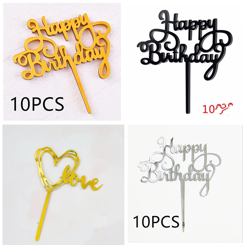 1 Set 10 Pcs Acrylic Happy Birthday Cake Topper Gold Wedding Party Cake Toppers Dessert Decoration Kids Birthday Baking Supplies