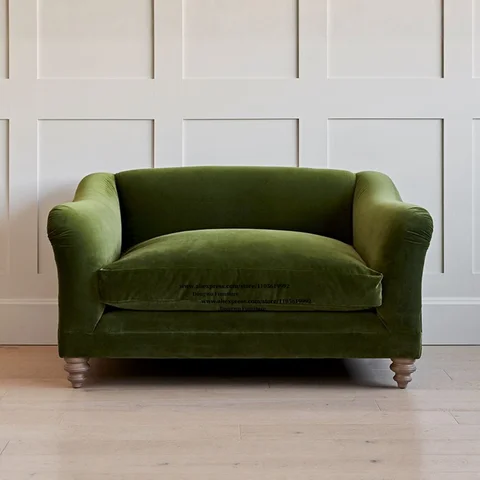 Retro Olive Green Velvet Single Sofa Small House Casual Lazy Sofa Living Room Light Luxury Single Seat Armrest Sofa
