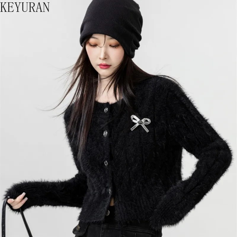 

2024 Autumn Winter New Black Mohair Sweater Coat Women's Korean Fashion O-Neck Long Sleeve Bow Knitted Cardigan Cropped Tops