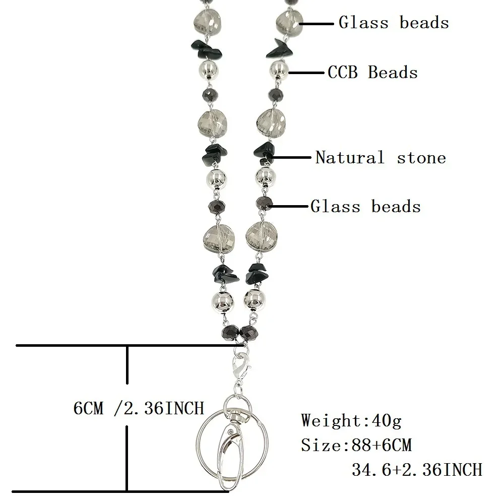 Black Glass Beads Badge Lanyards Holder Fashion Necklace Lanyards with ID Holder Keychain for Teachers Nurses Mothers Gifts