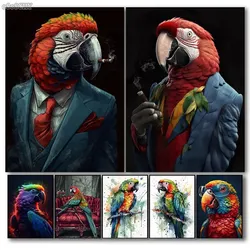 Vintage Parrot in Business Suit Smoking Cigar Canvas Painting  Watercolor Perch Art Posters and Prints for Home Wall Decor