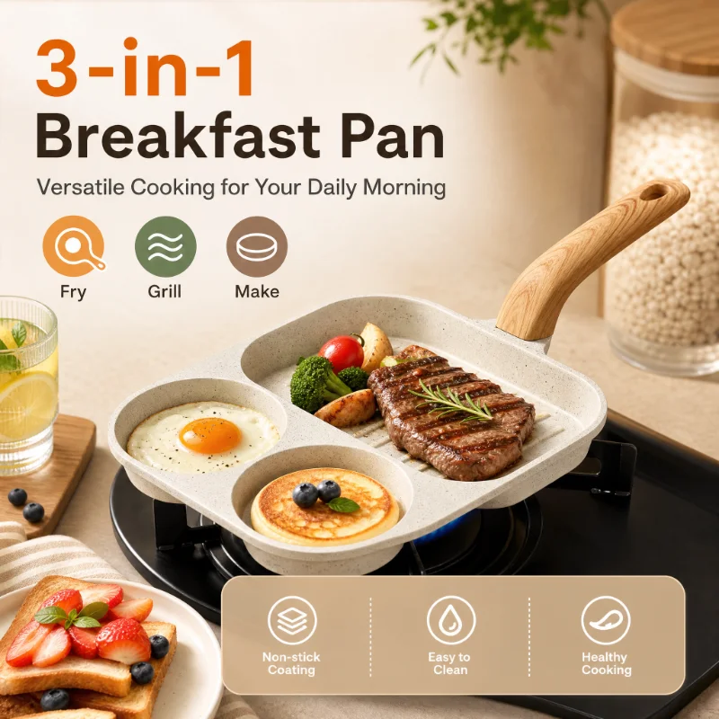 3 in 1 Breakfast Pan Nonstick Frying Pan Egg Hamburger Cooker for Gas and Induction Stove