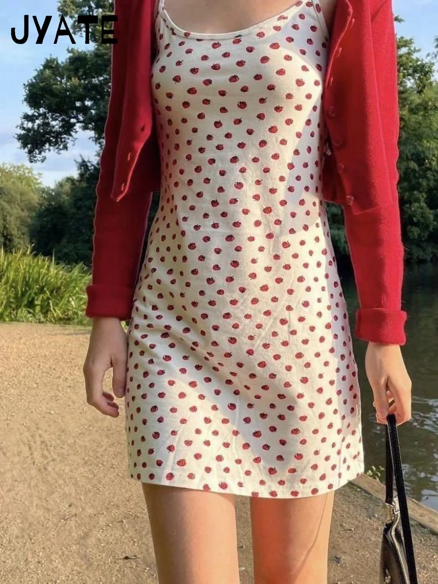Mini abito sottile con stampa dolce fragola Donna Estate New Street Stile preppy Abiti senza maniche in cotone Abiti vintage chic carini