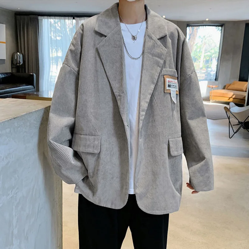 

Suit Corduroy Coat Men's Loose Casual Jackcets 2022 Spring New Label Design Single Breasted Korean Grey Blazer Male 2Y2485