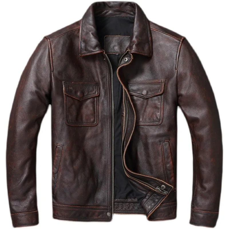 Man Leather Autumn Clothing Coat Cow Jacket Vintage Brown Red Genuine Leather Jacket Men 100% Cowhide Natural Leather Jackets