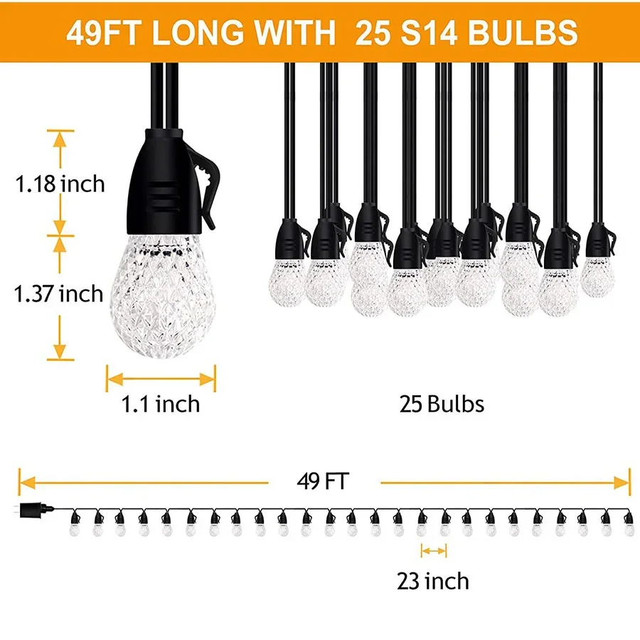 หลอดไฟแอปอัจฉริยะสำหรับลานบ้านในสวนหลอดไฟประดับแบบสาย15m 25 blubs ไฟคริสต์มาสนางฟ้าห้อยพวงมาลัยกลางแจ้งสำหรับตกแต่งสวนโรงแรม