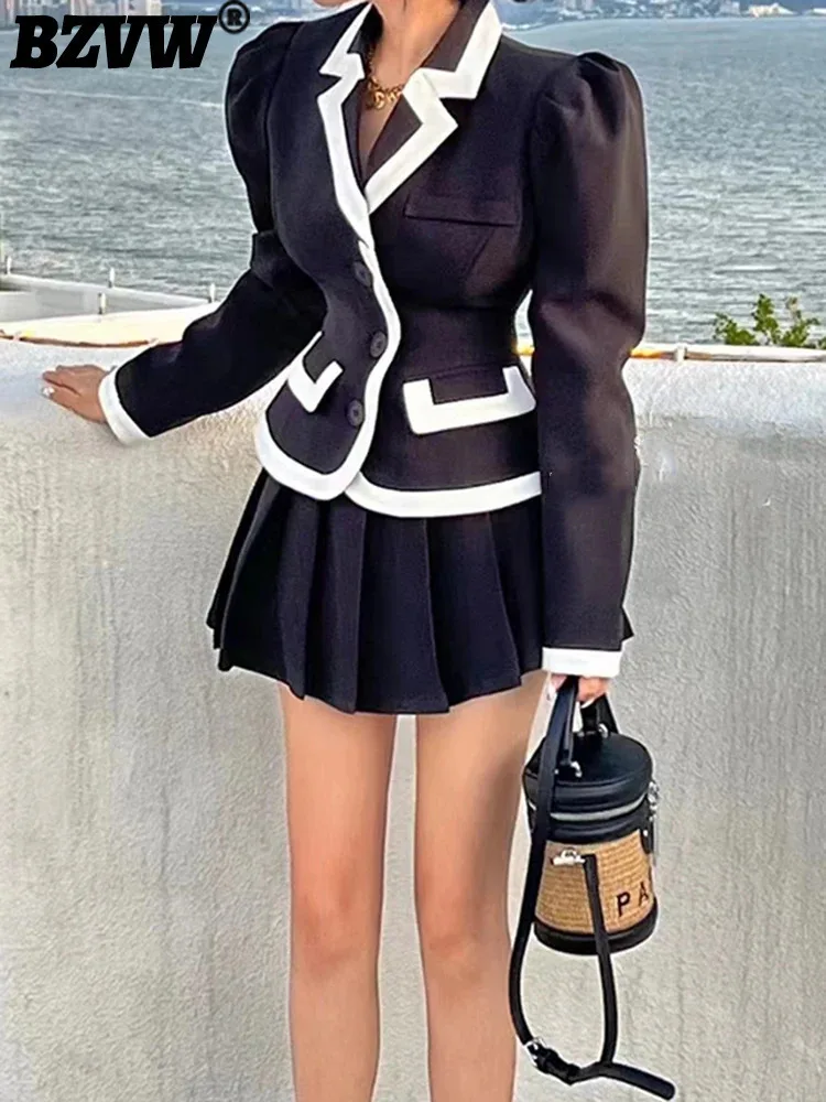 

BZVW Korean Two-piece Set Women Single Breatsed Contrast Color Blazer With Pleated Short Skirt 2024 Autumn New Clothing 25A8869