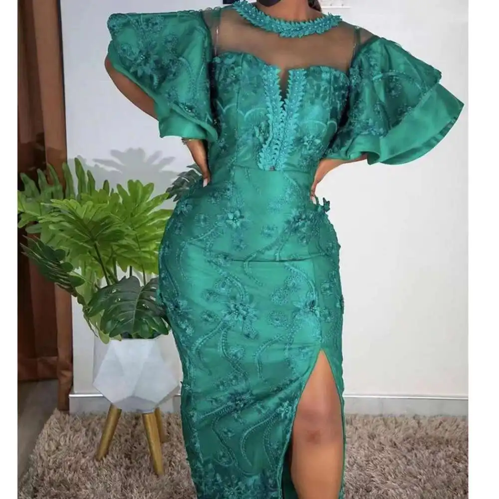 

Round neck mesh embroidered lotus leaf sleeves with open back and waistband lace for women's buttocks up dress