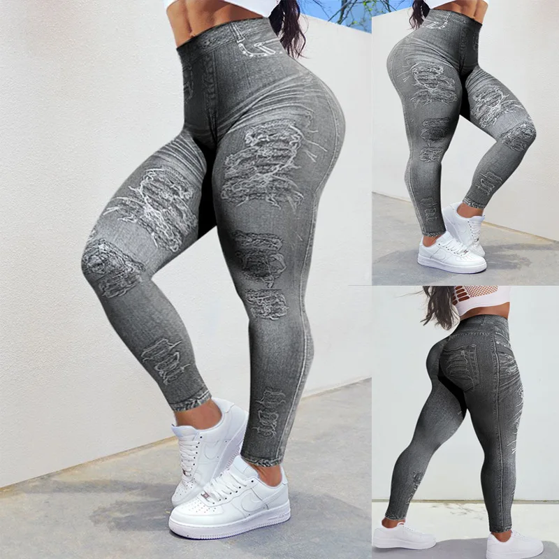 FCCEXIO Grey Distressed Patch Denim Print Women Sports Leggings High Waist Running Sexy Tight Fitness Workout Yoga Gym Push Up