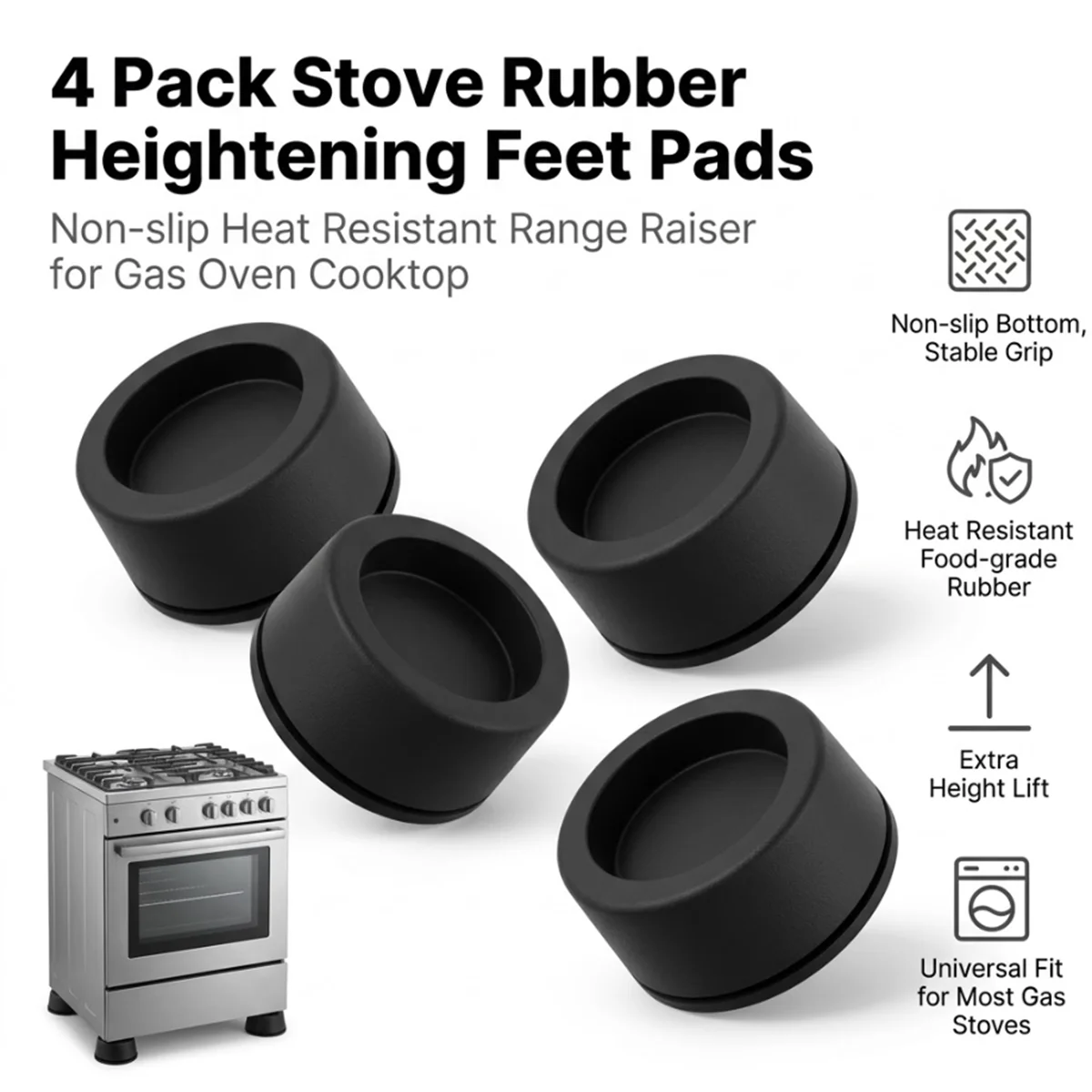 4Pcs Black PLA Stove Leg Risers 1 Inch Height Increaser Recessed Groove Anti Slip Leveling Pads For Kitchen Oven Appliance Mat