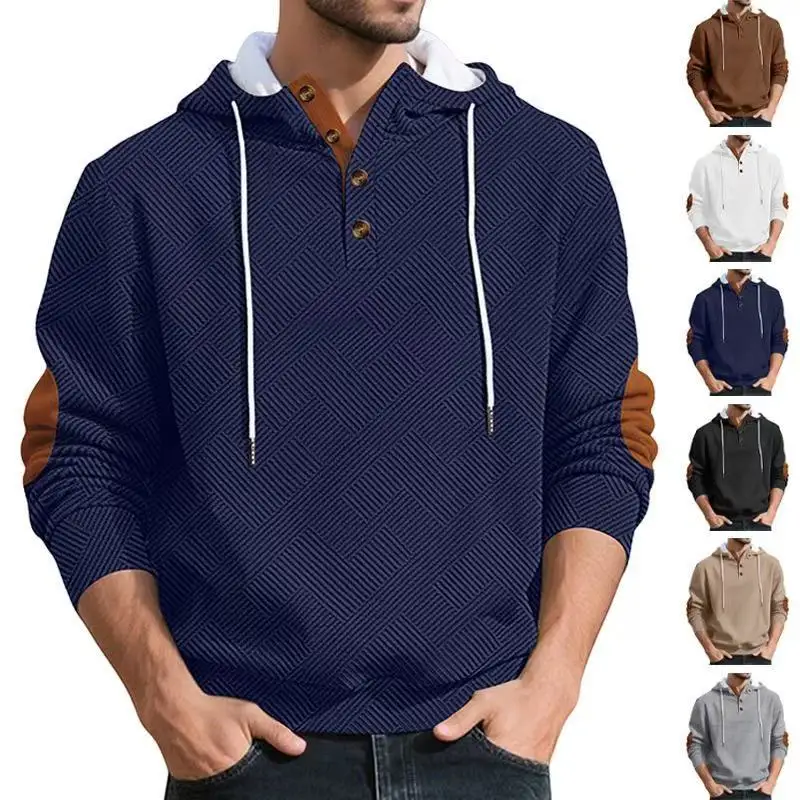 New Navy Button Neck Hoodie Men Pullover Sweatshirt with Brown Elbow Patches Top Casual Spring Fall
