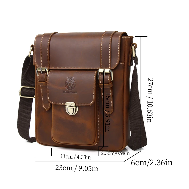 SCHLATUM-Saco Crossbody Marrom De Couro Genuíno Vintage para Homens, Crazy Horse Messenger Bags, Bolsa De Ombro De Moda De Qualidade