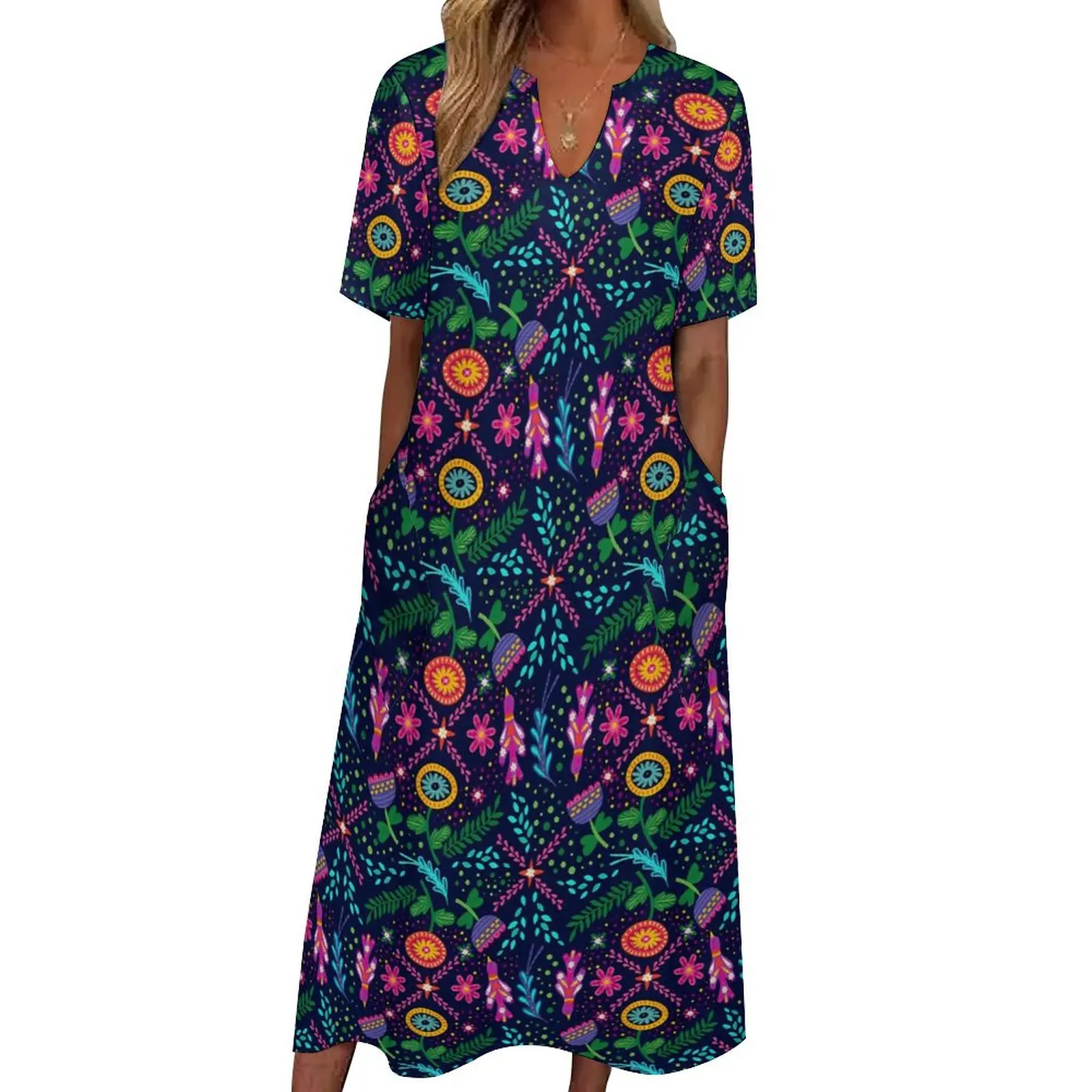 

Fun Birds Flower Dress Colorful Floral Vintage Maxi Dress Street Fashion Bohemia Long Dresses Summer V Neck Design Vestidos 5XL