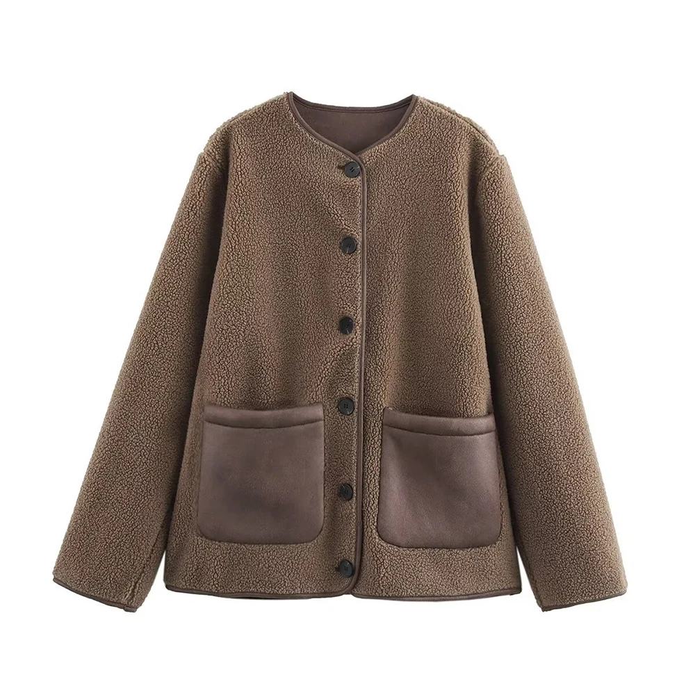 سترة صوف عصرية أوروبية وأمريكية بتصميم جيب كاجوال ملابس خارجية نسائية ذات طراز شعبي #1