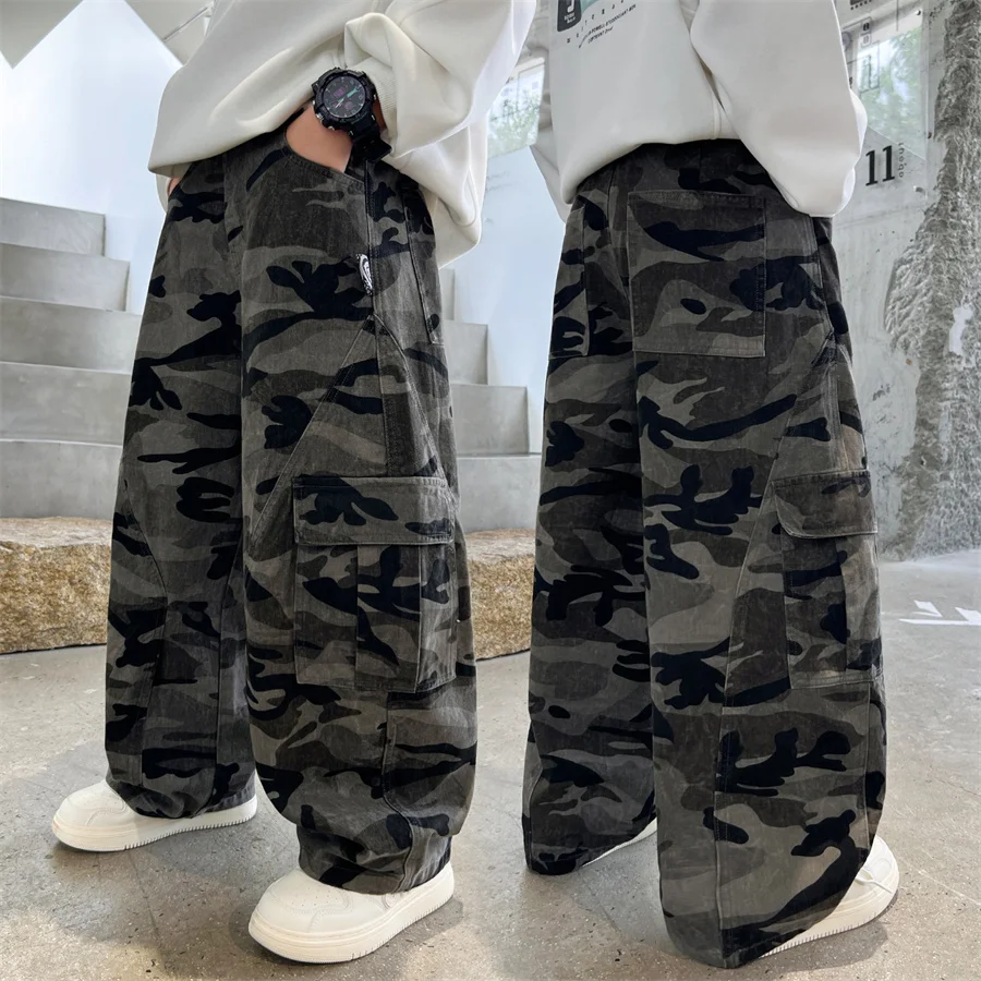 

2025 Autumn Children Camouflage Cargo Pants for Tweens Boy Casual Outdoor Military Trousers Kids Teenager Spring Camo Trackpants