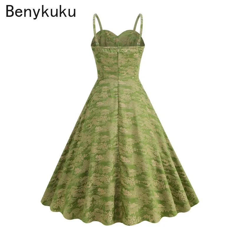 Green Jacquard Spaghetti Strap Vintage Party Dresses Summer Clothes Women 2024 High Waist Ruched Front Fit and Flare Swing Dress