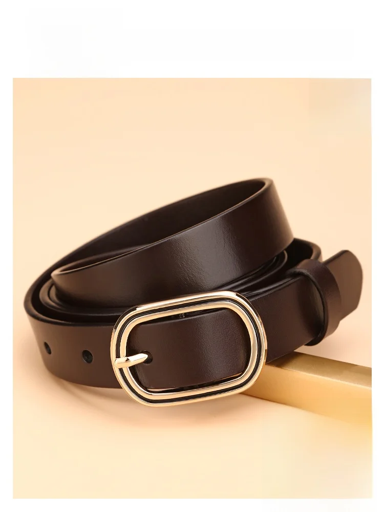 シンプルデザイン-レディースベルト-トップレイヤー牛革-ゴールドバックル-若者向け-おしゃれ-本革ベルト-女性用