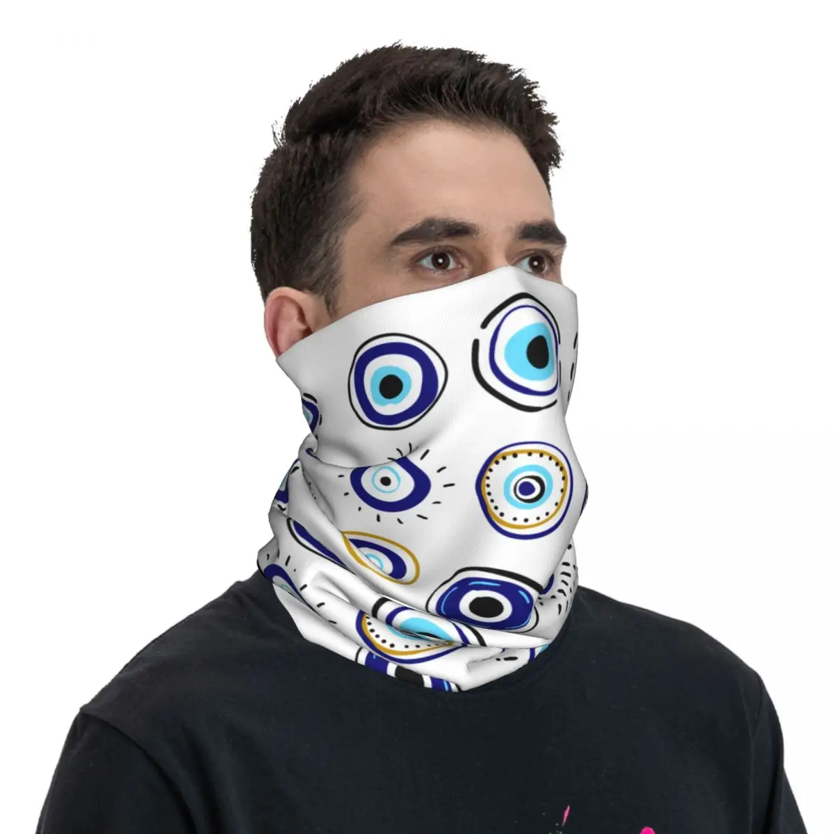 Custom Evil Eye Neck Gaiter Men Women Windproof Winter Mediterranean Mystic Eyes Bandana Scarf for Hiking
