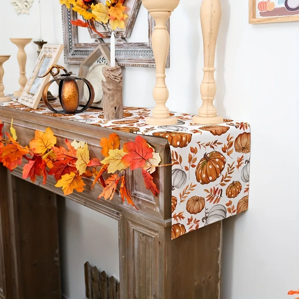 Fall Table Runner 33X183cm Pumpkin Maple Leaves Orange Autumn Seasonal Farmhouse  Thanksgiving Home Party Table Decor Cover