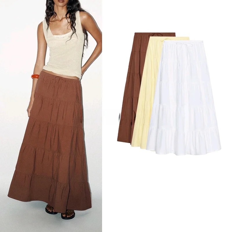 

Summer New Women's Faion Knot Layered Splicing mat Midi Skirt Cake Sle Loose Fit High Waist Long Dr