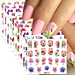 12pcs Pink Tulip Flowers Nail Stickers Lavender Snowdrops Summer 3D Nail Decals Water Transfer Sliders DIY Manicure Decorations