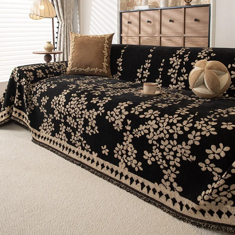 Retro French Chenille Sofa Towel Four Seasons Floral Printed Tassel Sofa Cover Anti-Scratch All-Inclusive Furniture Protector