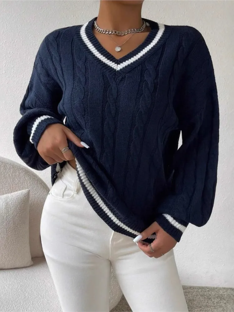

Winter Clothes Woman Pulls Femmes Contrast Color Cable Sweater Loose V-neck Fashionable Versatile Top All-match Simple Style