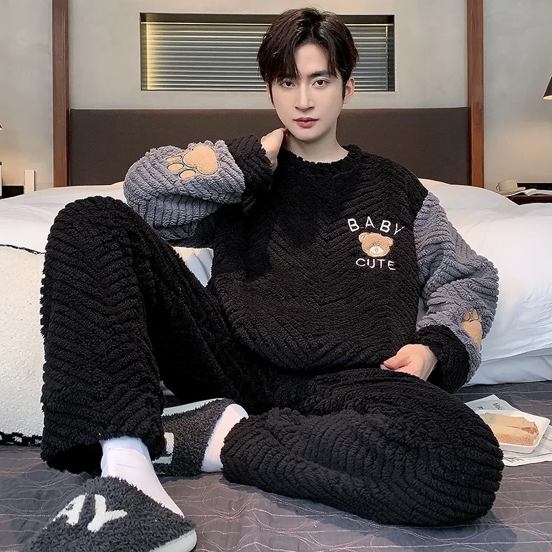 Pajama Coral Velvet Autumn and Winter with Velvet Thickened Flannel Winter Homewear Set Cosy Thermal Pajamas Both Men Women