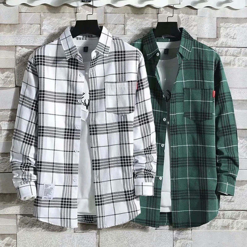 Long-sleeved plaid shirt for men summer loose everything big size thin ice silk shirt wear port wind coat tiktok internet celebr