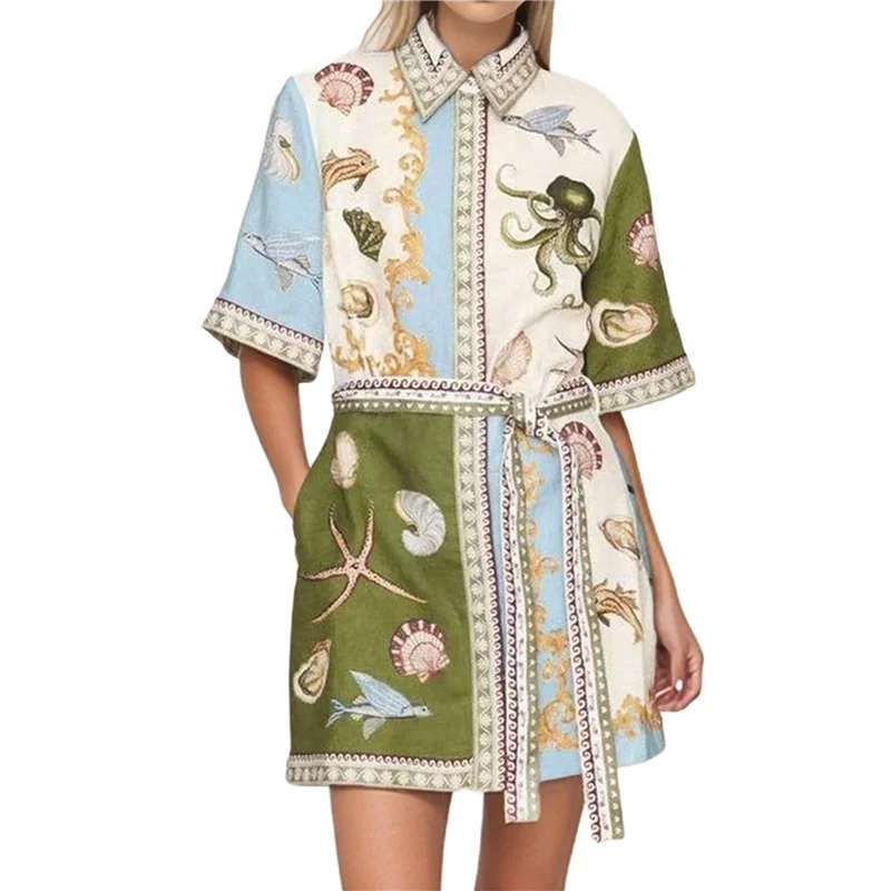 ASDS-ชุดเดรสผ้าลินินแขนสั้นผู้หญิงมีเข็มขัดคาร์ดิแกนผูกฤดูร้อนกระโปรงทรงเอทรงพลิ้วสบายๆ