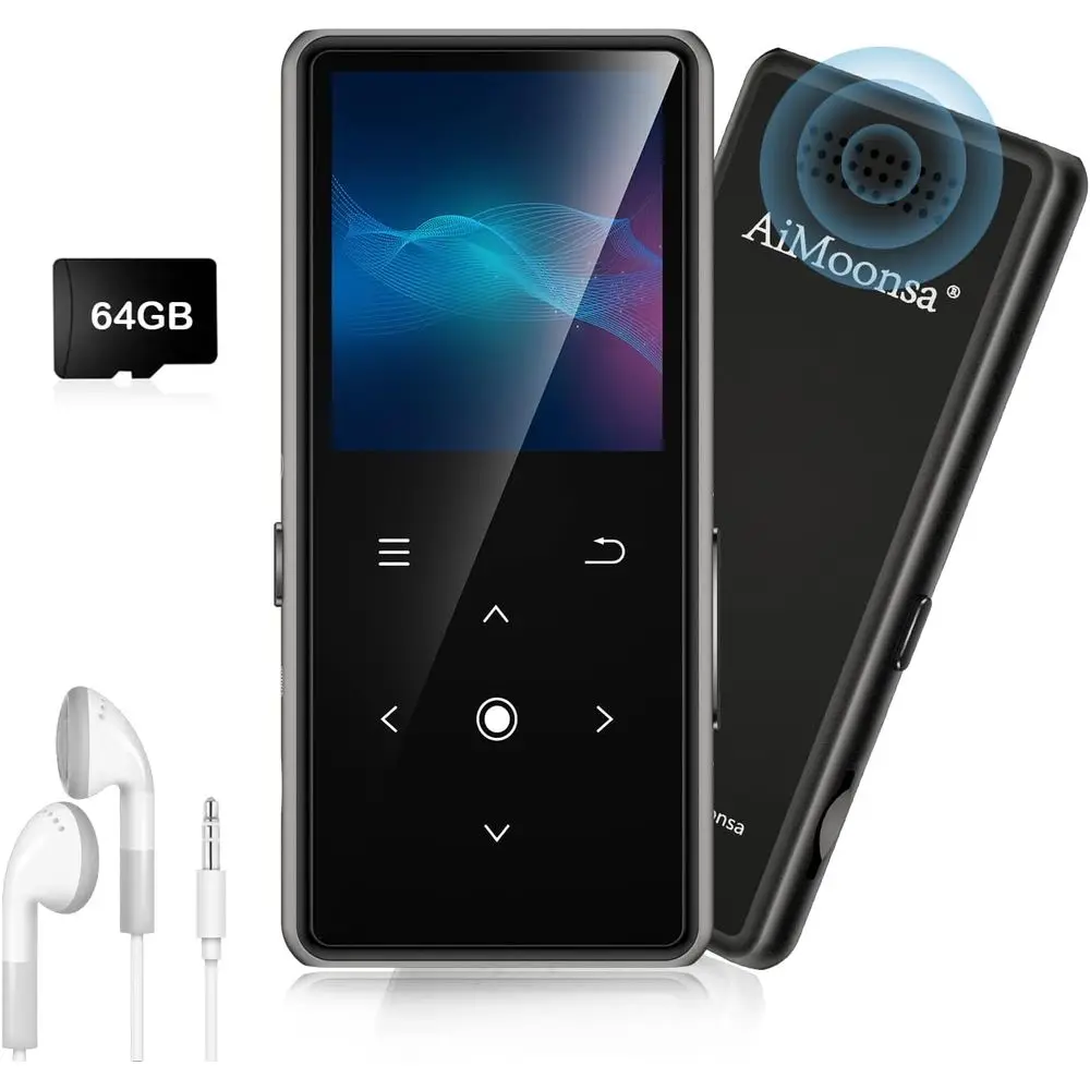 

Bluetooth 5.2 64GB MP3 Player with HD Speaker, Radio, Voice Recorder, eBook, and Earphones