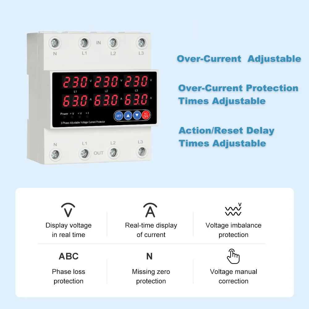 Wyświetlacz LCD 63A Din Rail 3-fazowy regulowany nad i pod przekaźnikiem ogranicznik napięcia z zabezpieczeniem prądowym 3*220V 380V