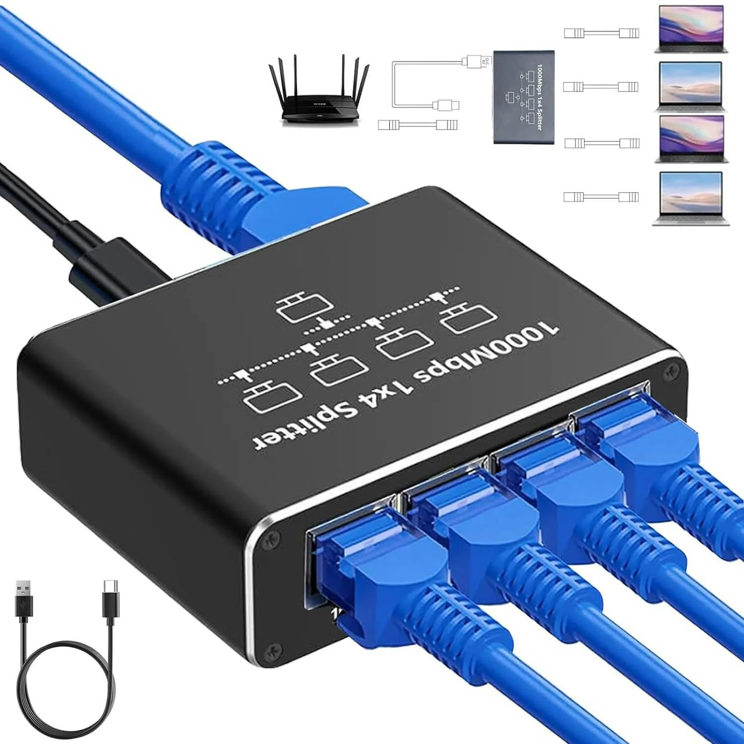 1000Mbps Ethernet Splitter Adapter Network LAN Extender RJ45 1-in 4-out 1 to 2/3/4 Works Simultaneously for Router TV Computers