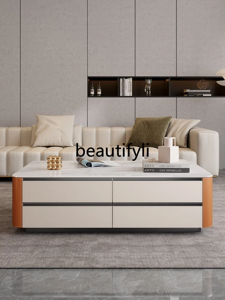 Saddle leather high modern living room eight-pump storage coffee table TV cabinet combination solid wood long coffee table table