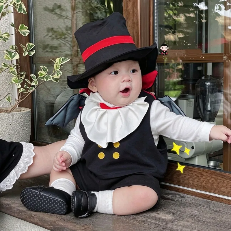 Newborn Infant Baby Boys Girls Magician Wizard Costume Romper Black Vest With Cape Hat Halloween Cosplay Outfit 0 24M