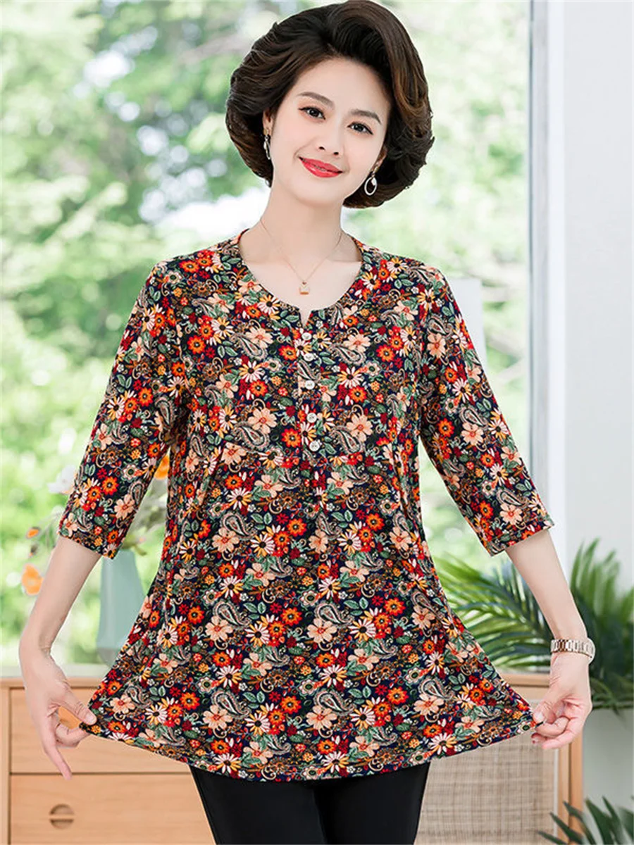 5XL Women Spring Summer Blouses Shirts Lady Fashion Casual Half Sleeve O-Neck Collar Flower Printing Blusas Tops G2145