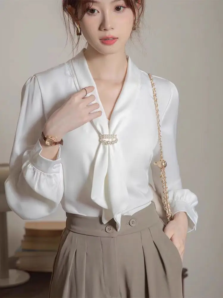 2025 Fashion Satin Blouse Women Tops Office Ladies Long Sleeve White Elegant Female Shirts With Tie V Neck Loose Clothing New