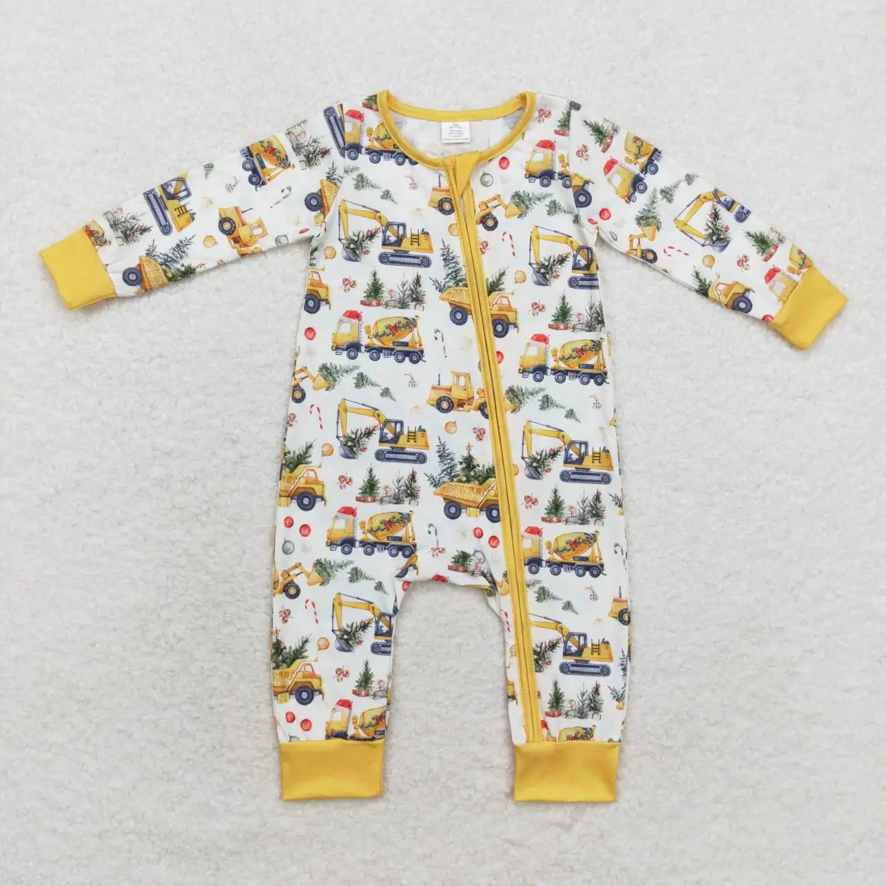 New Fashion Toddler Baby Girls Boys Christmas Tree Construction Truck Beige Zipper Long Sleeve Bodysuit Wholesale Clothes RTS