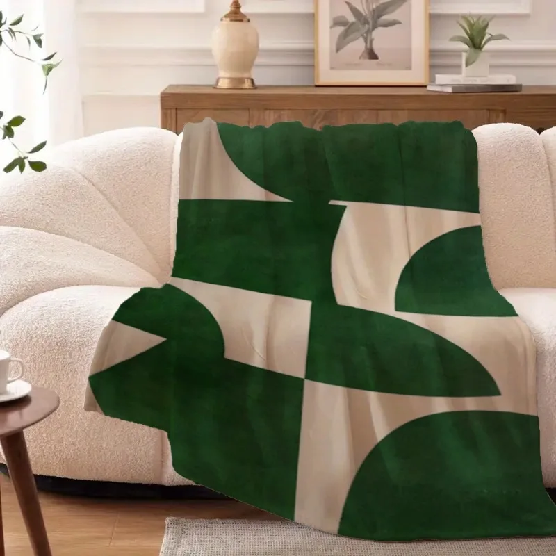 1pc emerald green beige abstract minimalist flannel blanket comfortable, warm and soft sofa blanket suitable for all seasons