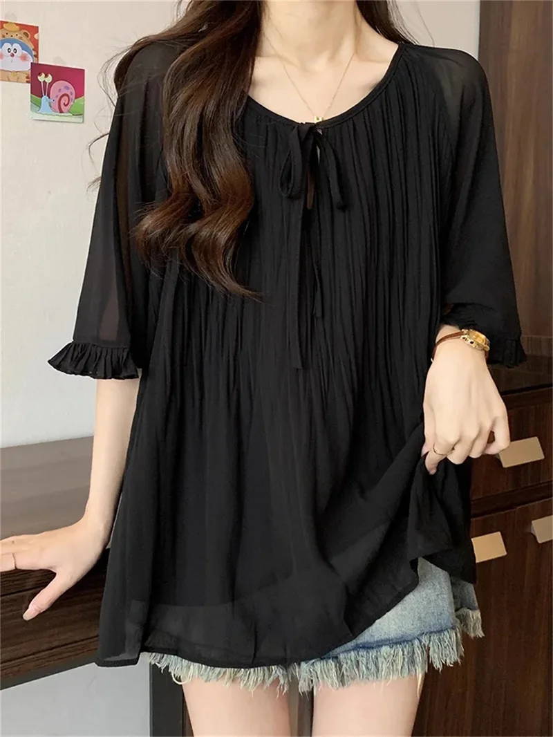 Large Size Women's 2025 Summer New Style With Vnique Temperament Short Sleeved Slimming Chiffon Shirt Loose Belly Covering Top