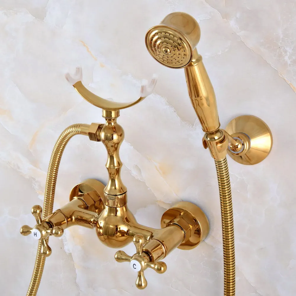 

Modern Golden Brass Wall Mounted Bathroom Shower Faucet Set with 1500MM Hose Handheld Spray Head Mixer Tap Dna936