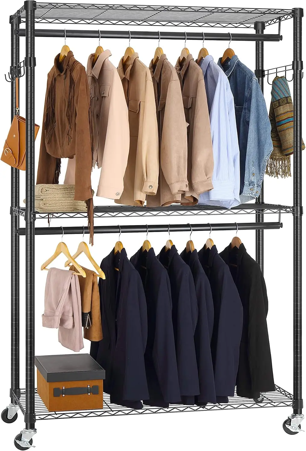 

Metal Clothes Rack for Hanging Clothes Heavy Duty Garment Rack with 3-Tier Shelves/ Double Hanging Rods/ Lockable Wheel