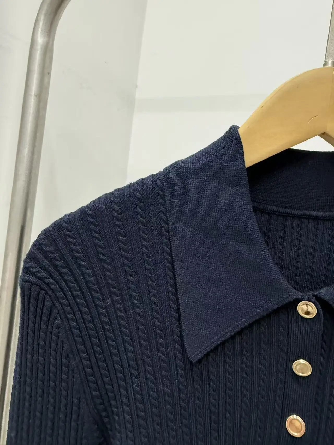

Spring/Fall Women Polo Neck Long Sleeve Embroidery Button Pocket Ribbed Solid Knit Pullover Slim Casual Elegant Sweater