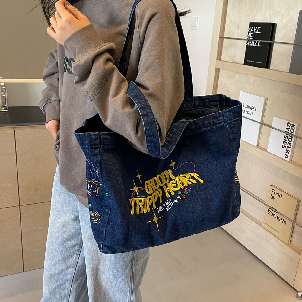 Denim Shoulder Bag Canvas Embroidered Letters Handbag Casual Travel Shopper Retro Hobo Bag Large Capacity Shoulder Underarm Bag