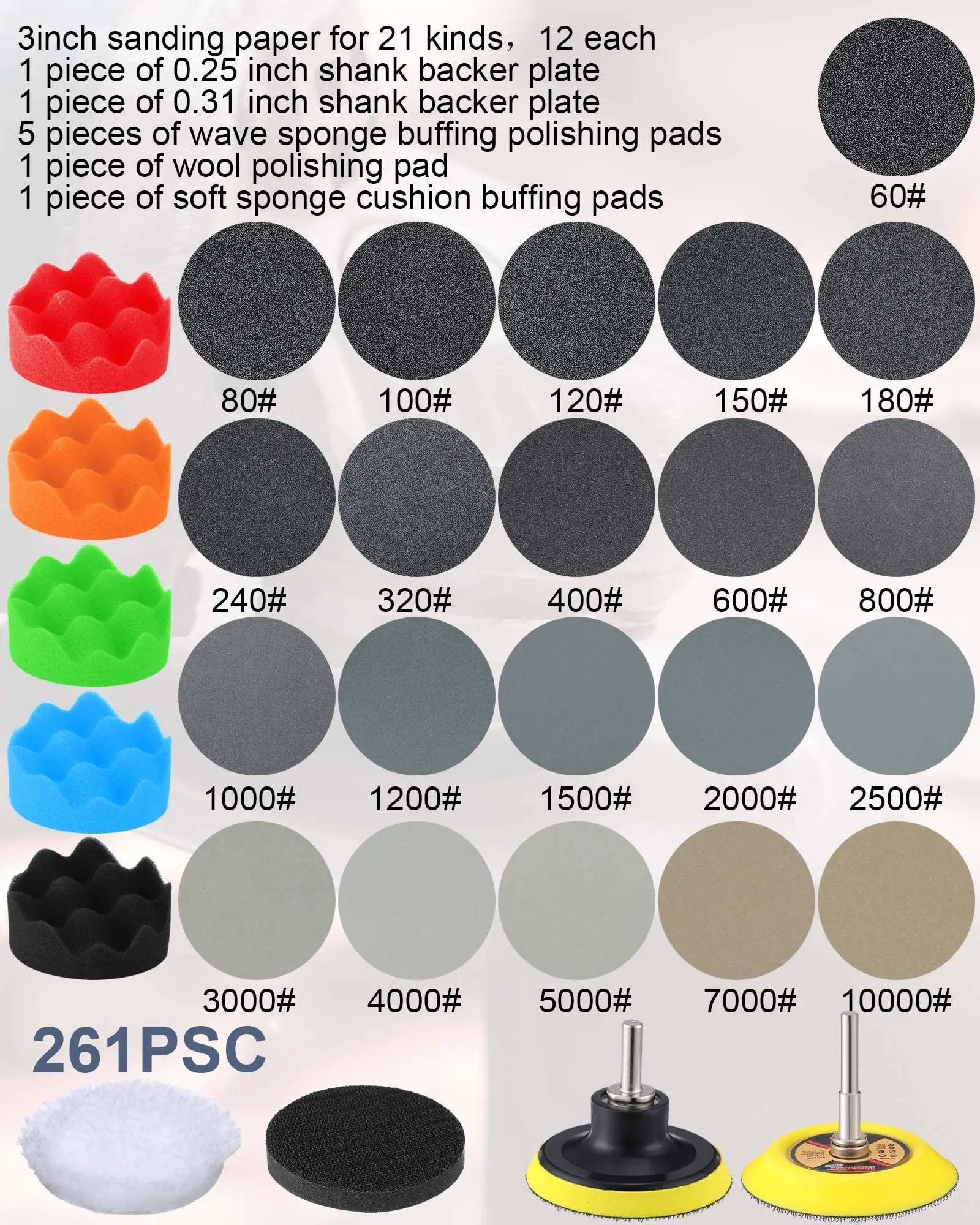 263Pcs Sanding Discs Pad Kit 3 Inch Sandpaper Grit 60-10000 Wet Dry Sander Sheets with 1/4 Shank Backer Plate for Polishing Tool