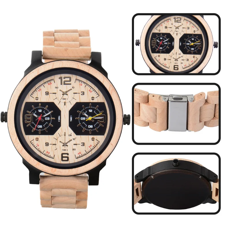 Quartz Watch Men Wooden Large Dial Dual Time Zones Luminous Wristwatch Casual Fashion Full Mood Clock 2023 New