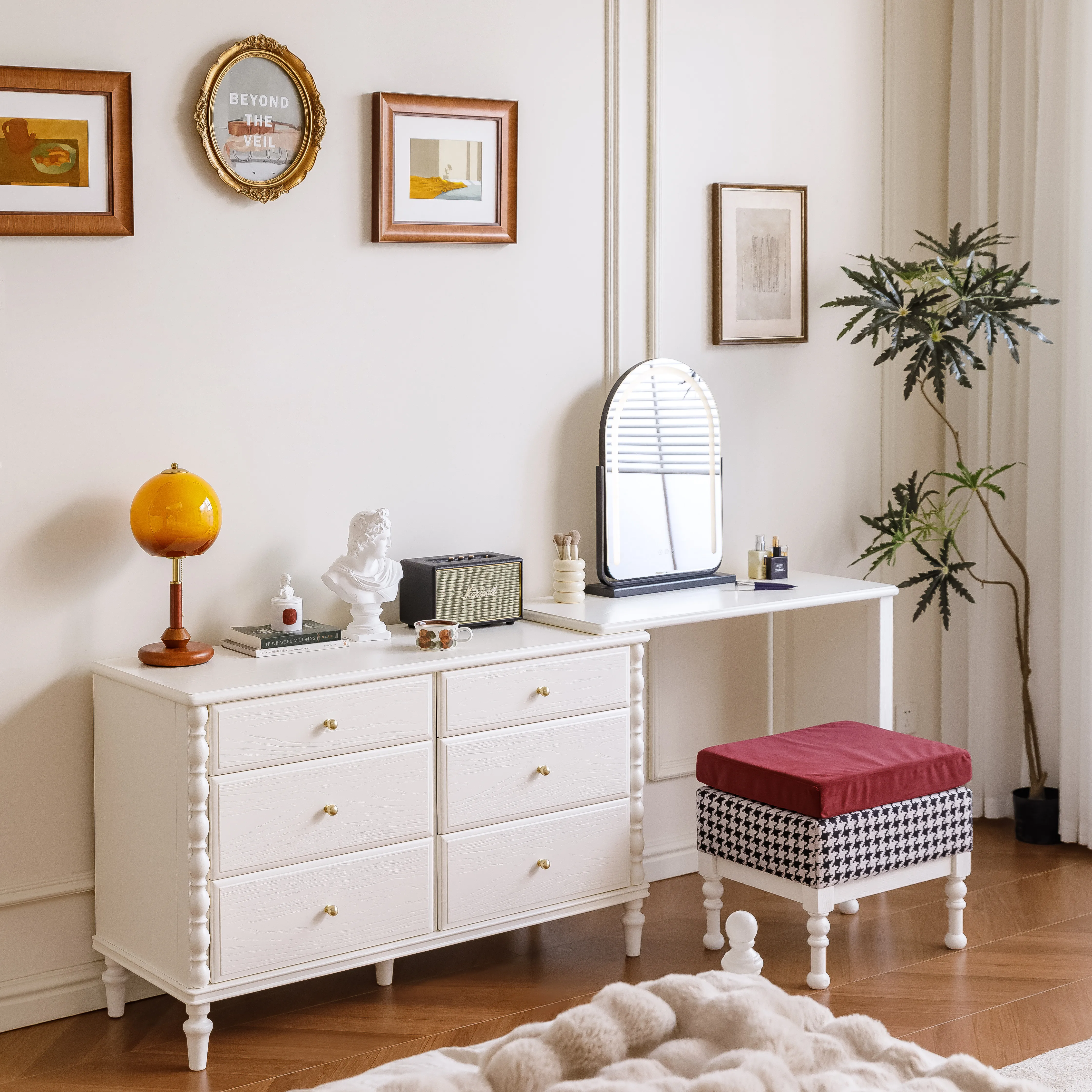 YJQ French medieval style solid wood bedroom dresser with mirror makeup table white retro storage six chest cabinet